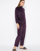 mSECRET Velour Branding Zipped Deep Wine Top and Bottom Night Suit