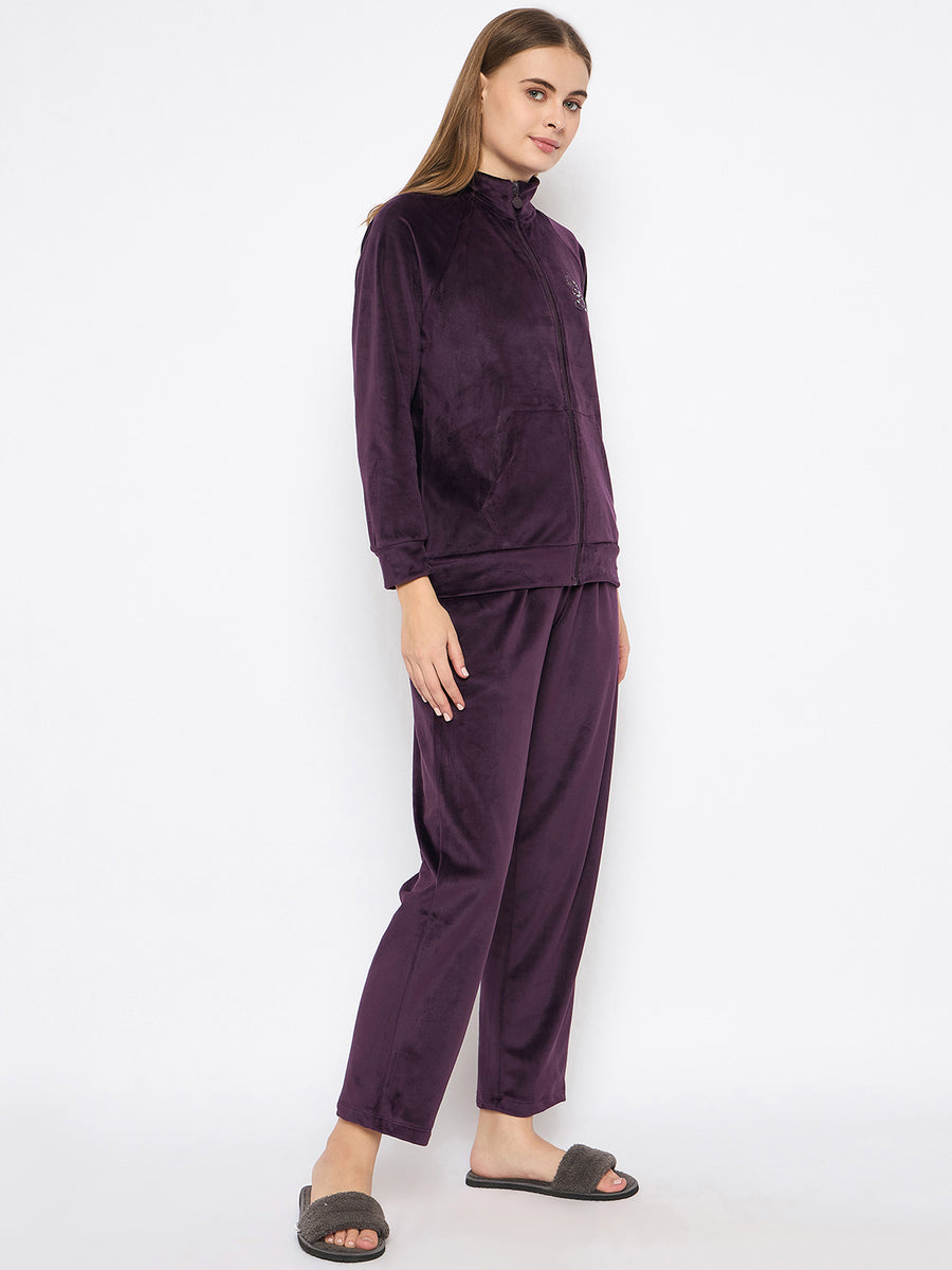 mSECRET Velour Branding Zipped Deep Wine Top and Bottom Night Suit