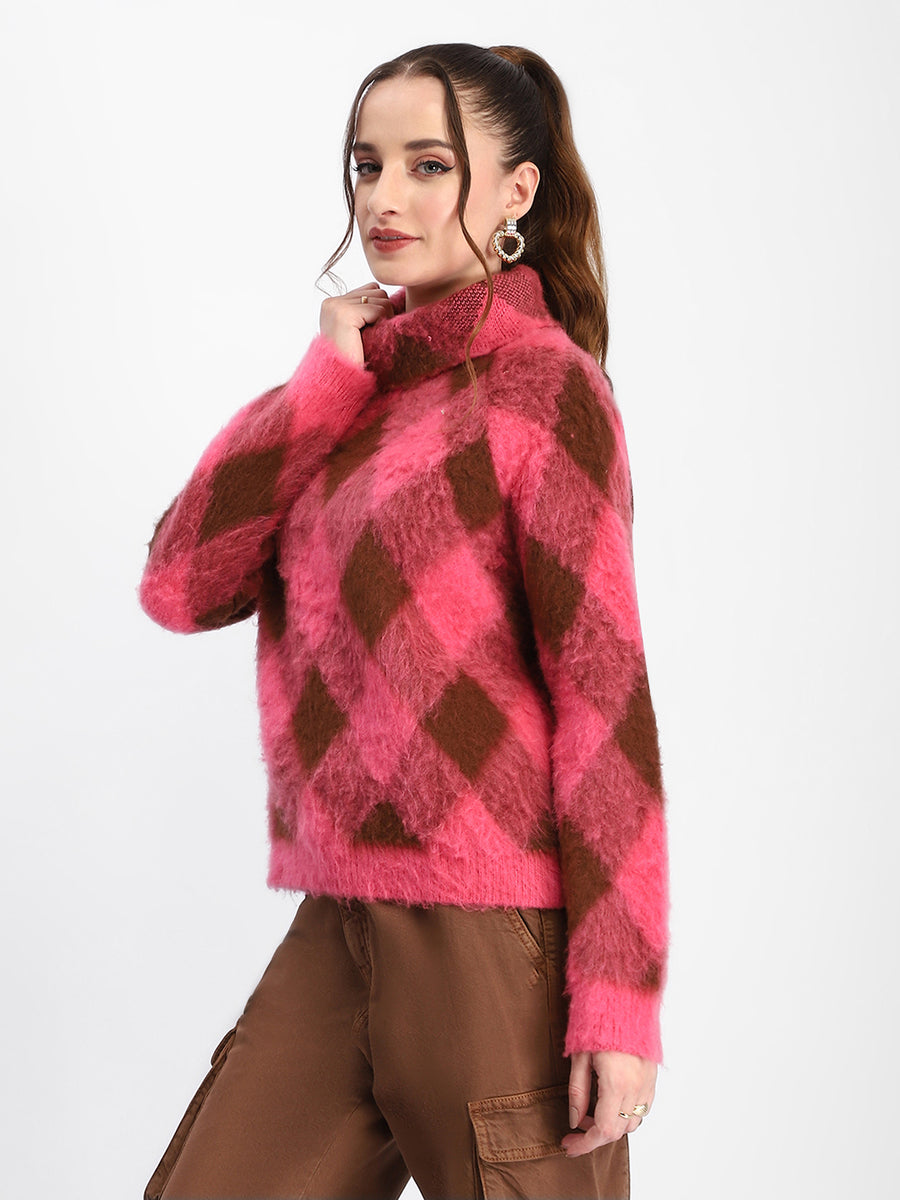 Madame Geometric Print Turtleneck Pink Sweater