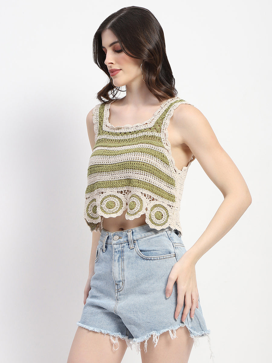 Madame Crochet Knit Green Cotton Crop Top