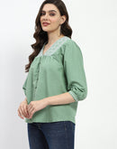 Madame Embroidered Cotton Blend Green Tunic Top