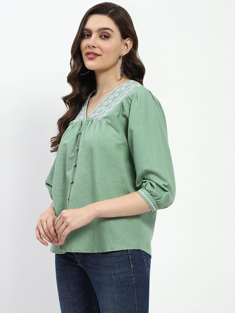 Madame Embroidered Cotton Blend Green Tunic Top