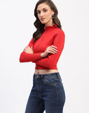 Madame Ribbed Mock Neck Zipped Red Crop Top