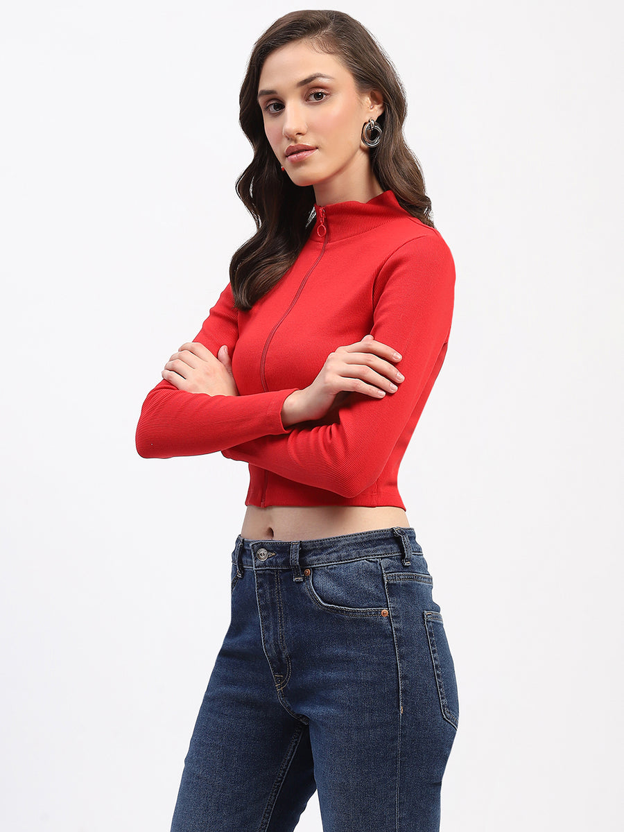 Madame Ribbed Mock Neck Zipped Red Crop Top