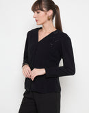 Madame Swarovski Detailed V Neck Solid Black Top