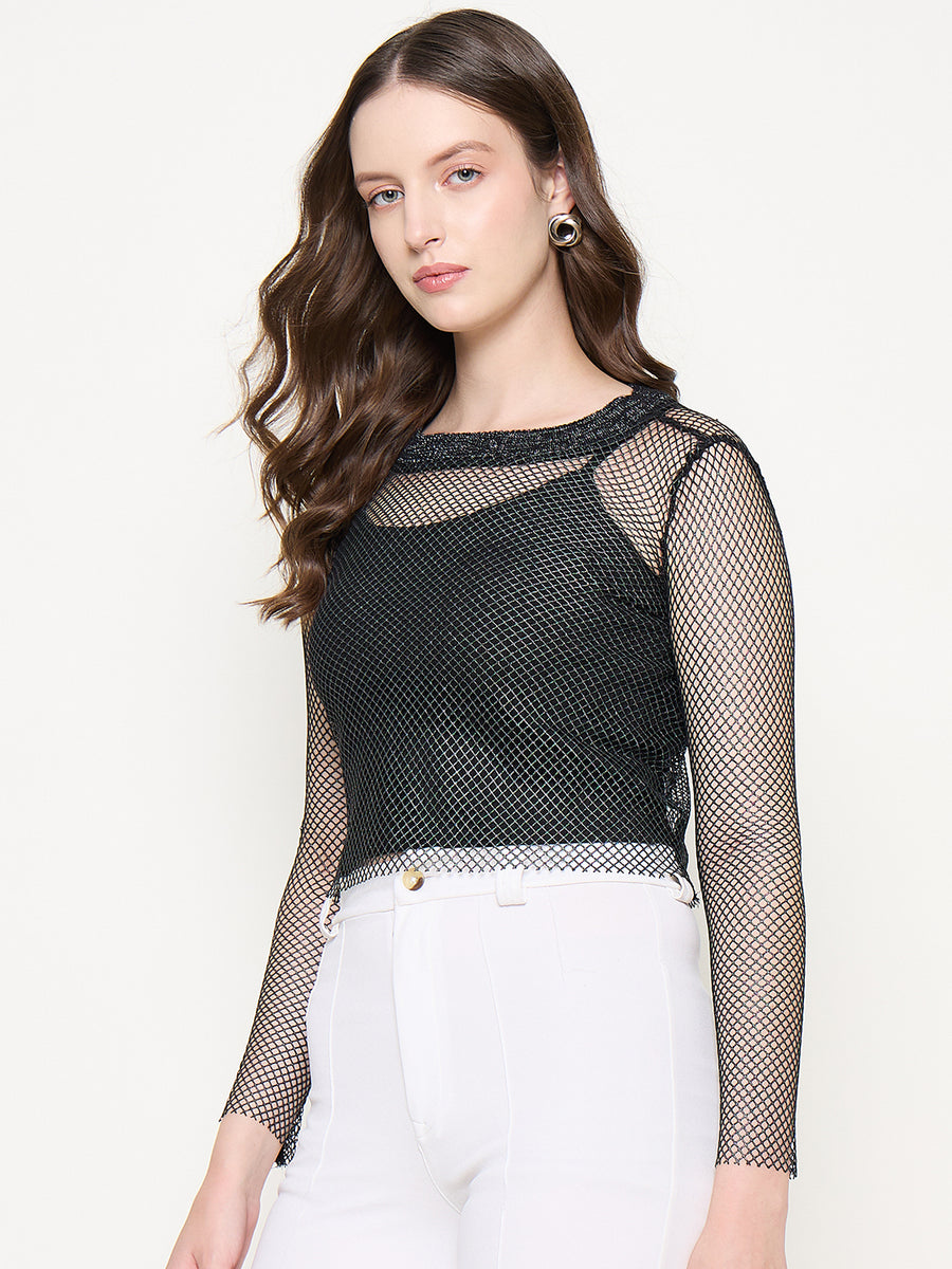 Madame Mesh Mock Neck Spaghetti Solid Black Top