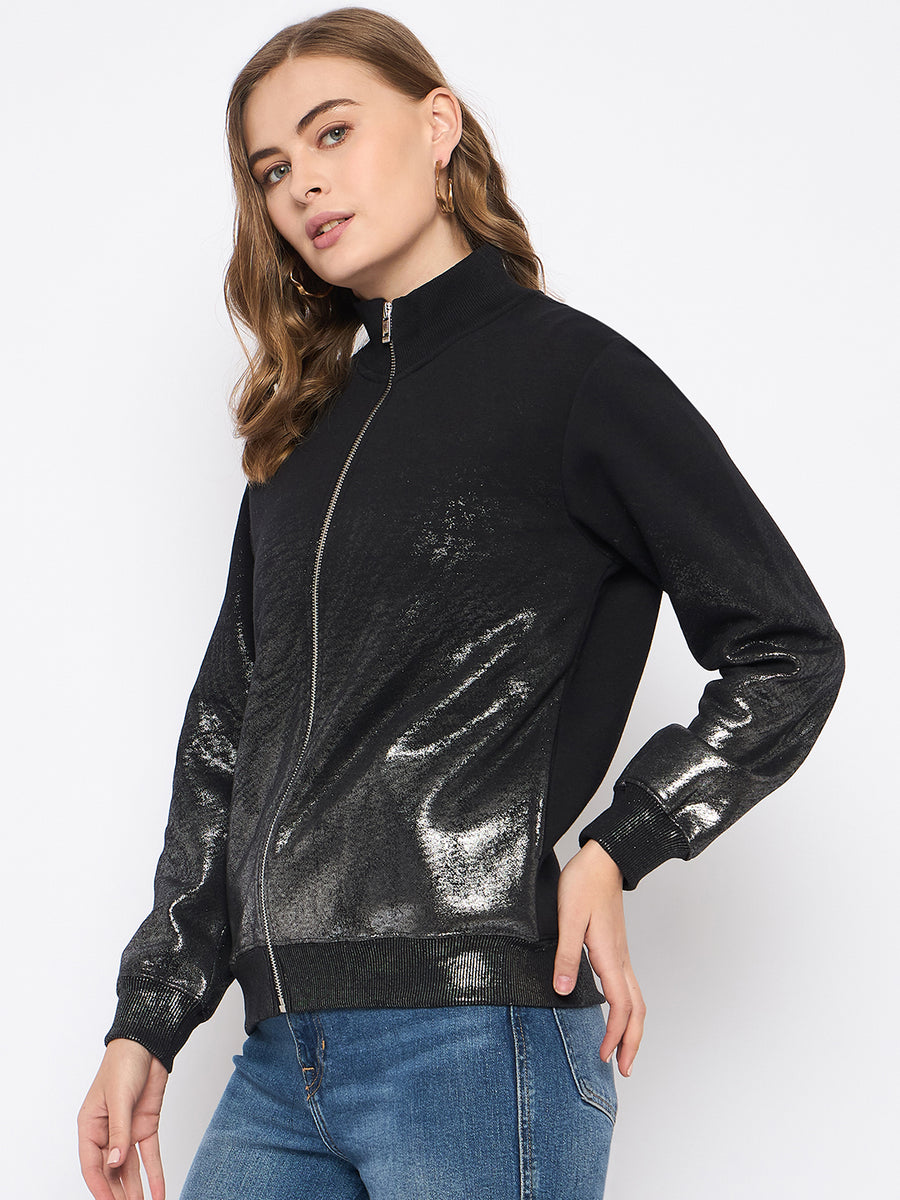 Madame Cotton Blend Quilted Zipped Black Sweatshirt