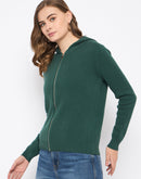 Madame Zip Solid Green Hooded Sweater