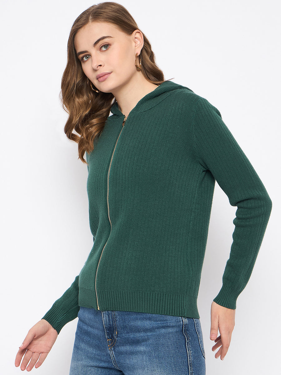 Madame Zip Solid Green Hooded Sweater