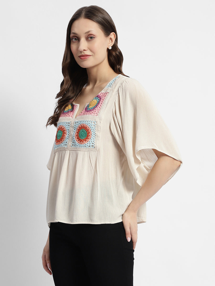 Madame Crochet Embroidered Flared Sleeve Beige Top