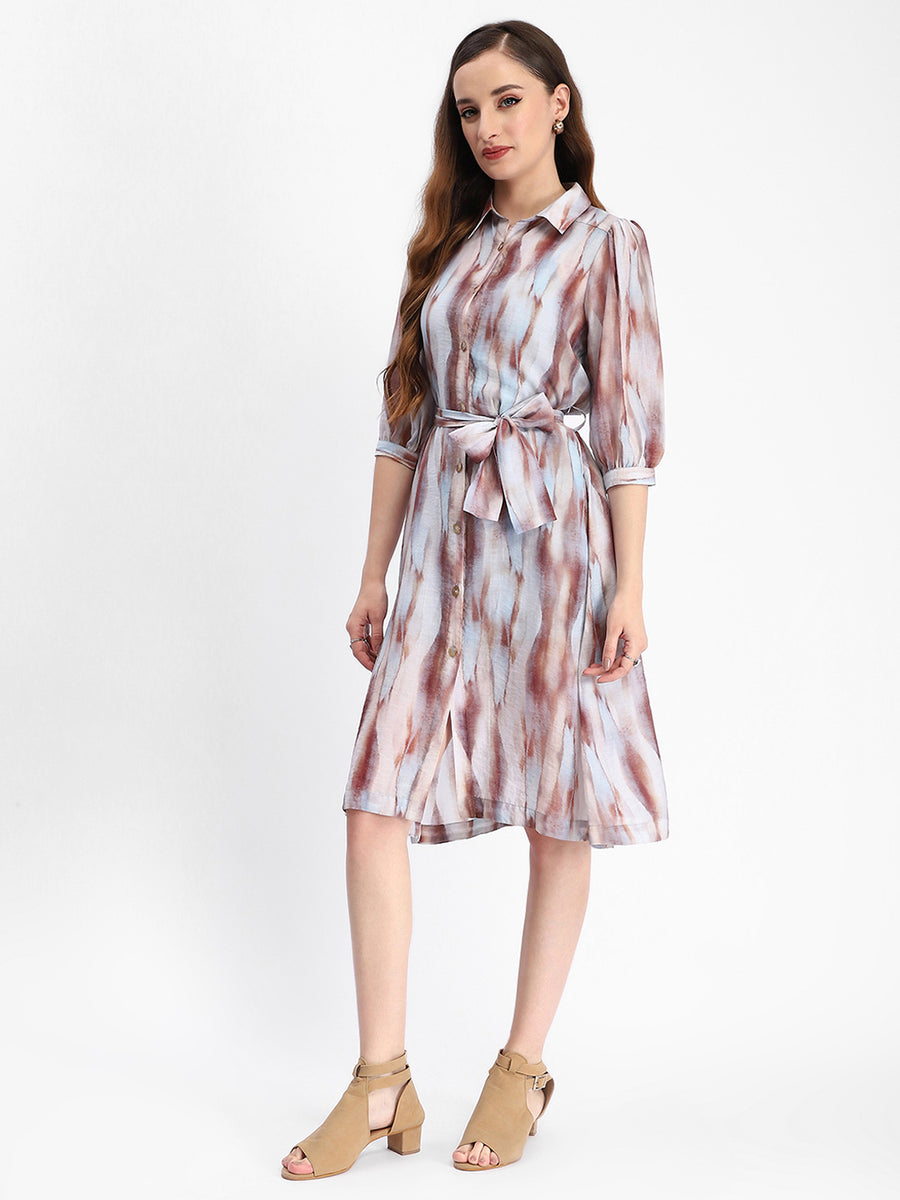 Madame Blue Abstract Print Belted A Line Midi Dress