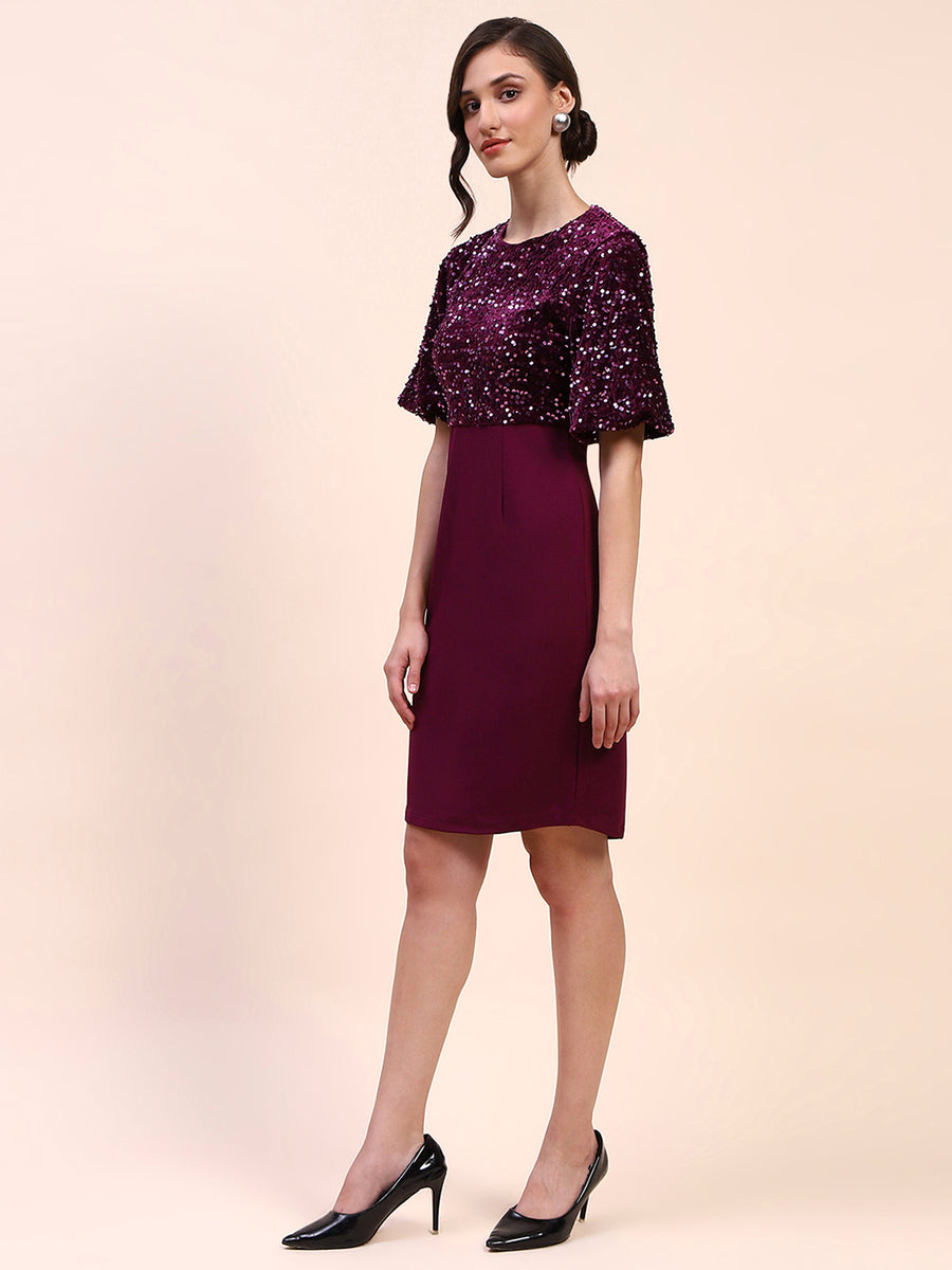 Camla Barcelona Sequin Embellished Plum Sheath Dress