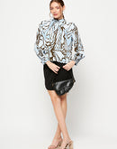 Madame Embellished Butterfly Print Sky Blue Mock Neck Top