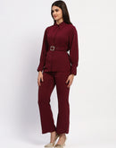 Madame Purple Belted Shirt and Wide-Leg Bottom Ensemble