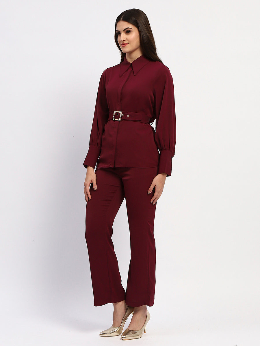 Madame Purple Belted Shirt and Wide-Leg Bottom Ensemble