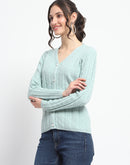 Madame Cable Knit Self Design Solid Mint Green Acrylic Cardigan