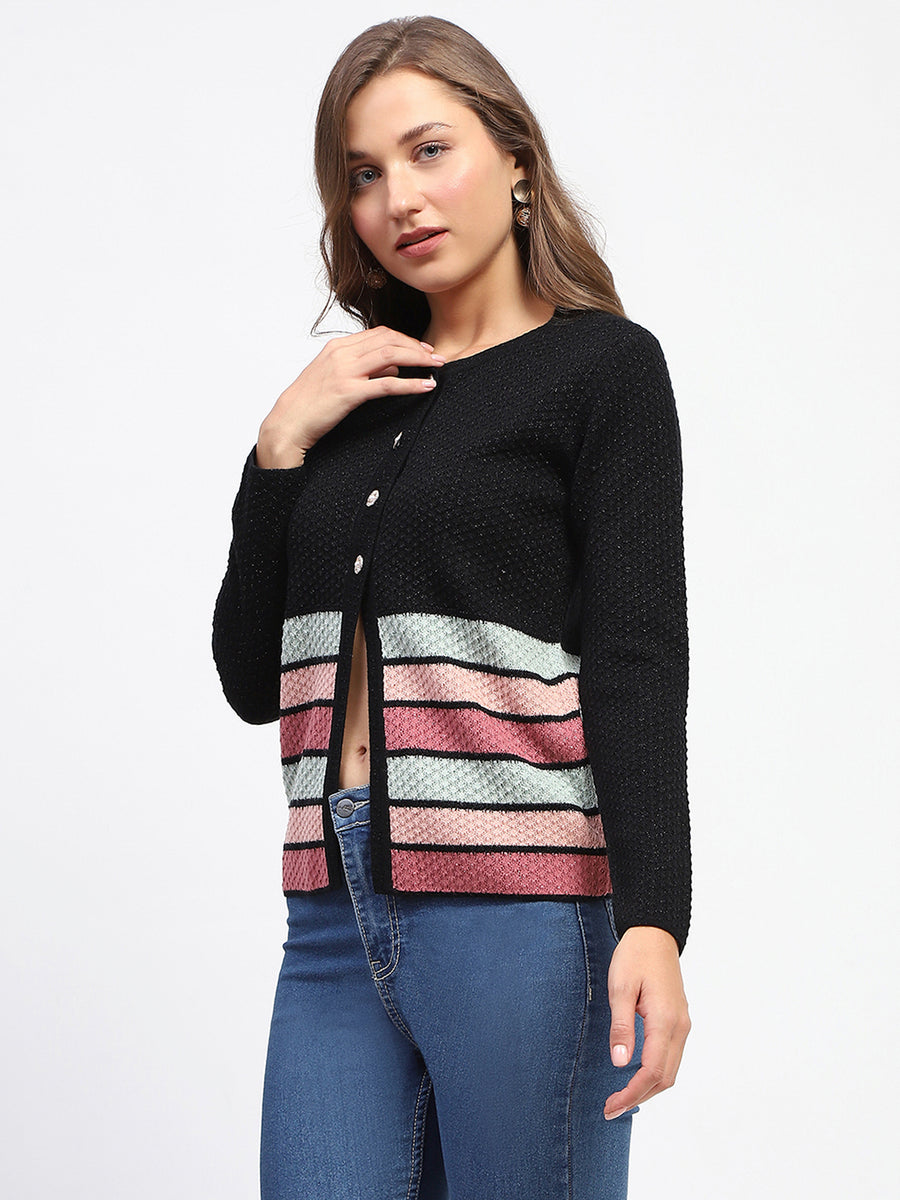 Madame Black Striped Buttoned Cardigan