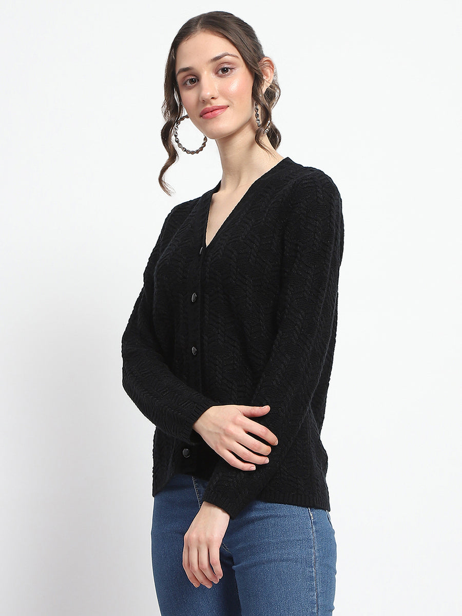 Madame Cable Knit V Neck Black Acrylic Blend Cardigan