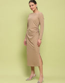 Madame Front Ruched Self Design Golden Knit Maxi Dress