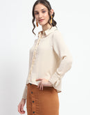 Madame Embellished Button Down Solid Beige Shirt Collar Shirt