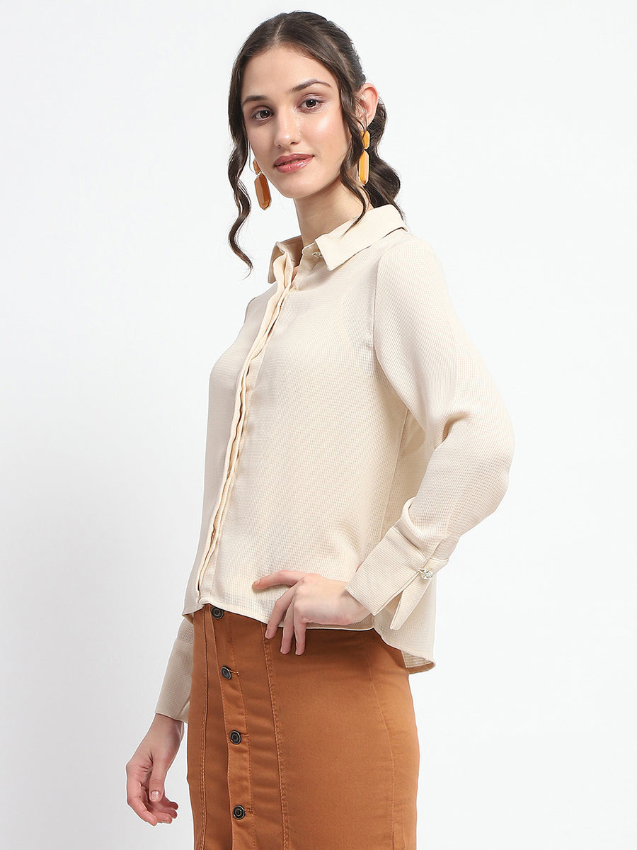 Madame Embellished Button Down Solid Beige Shirt Collar Shirt