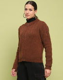 Madame Stripe Detailed Zipped Tan Sweater