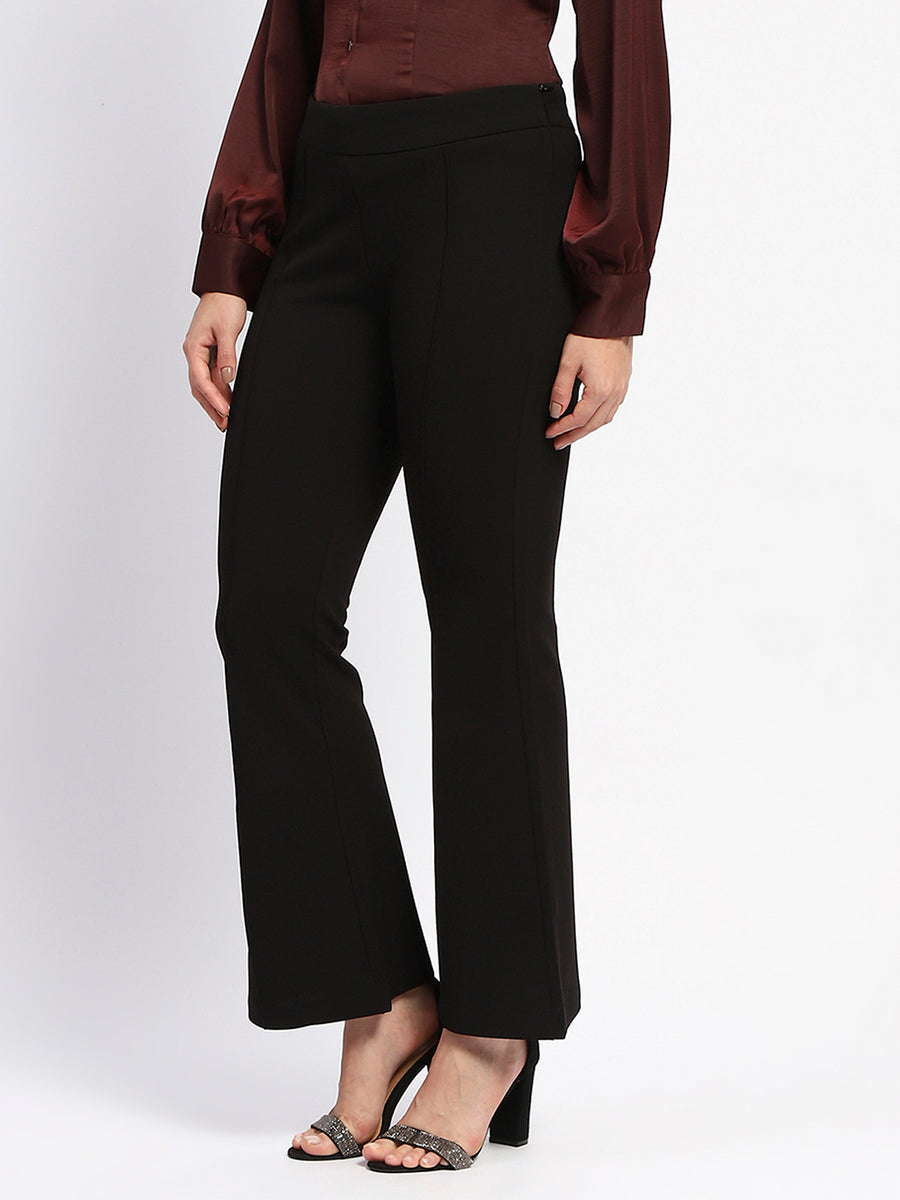 Madame Elasticated Waist Front Pleated Flared Black Trousers