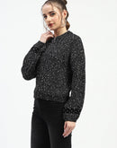 Madame Black Speckled Pullover Sweater with Half-Zip