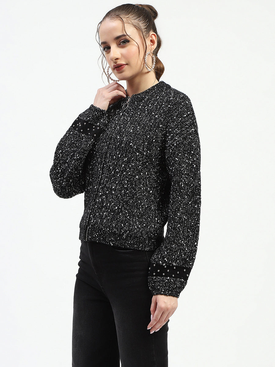 Madame Black Speckled Pullover Sweater with Half-Zip