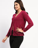 Madame Cable Knit Botanical Print Buttoned Fuschia Cardigan