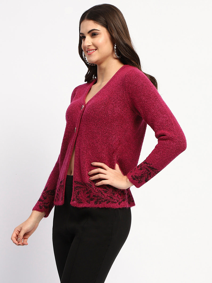 Madame Cable Knit Botanical Print Buttoned Fuschia Cardigan