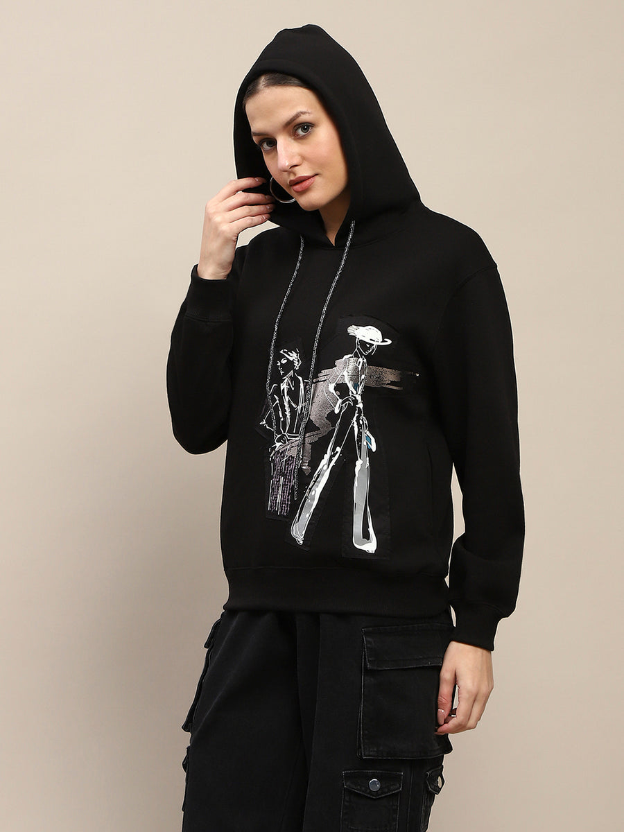 Madame Fleece Placement Print Black Hooded Sweatshirt