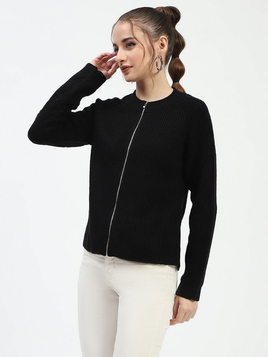 Madame Black Ribbed Zip-Up Sweater