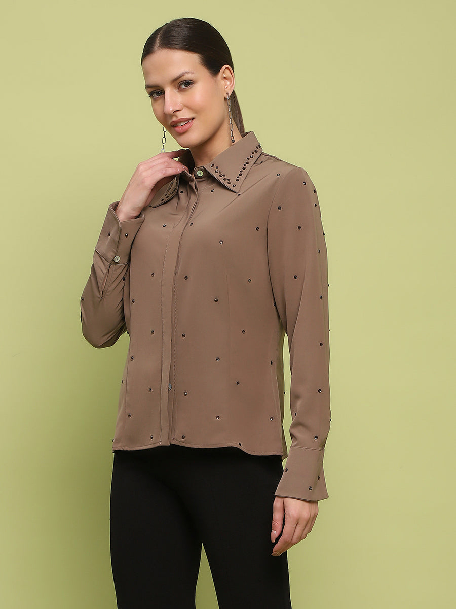 Madame Allover Embellished Brown Shirt