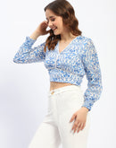 Madame Abstract Print Lace Detailed V Neck Blue Cotton Top