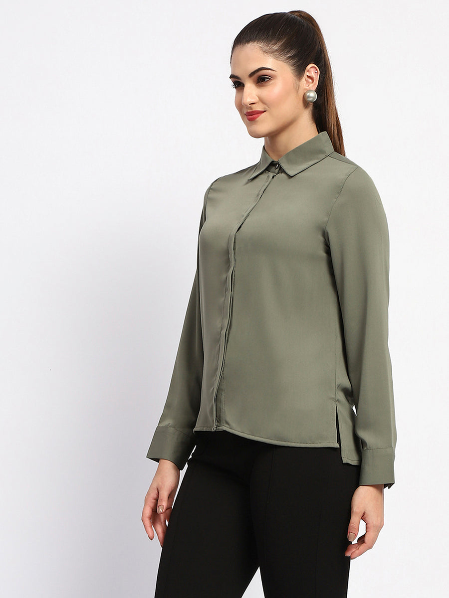 Madame Solid Green Cuff Sleeve Shirt