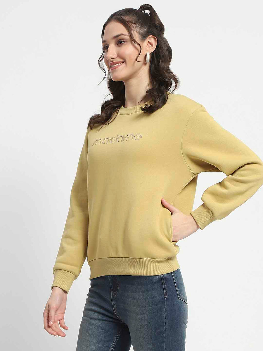 Madame Fleece Handwork And Embroidered Golden Yellow Sweatshirt  For Women