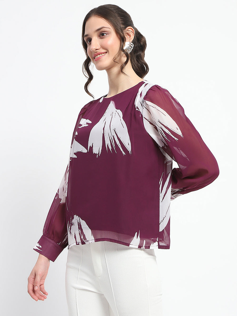 Madame Botanical Print Round Neck Plum Top