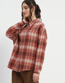 Madame Chequered Long Sleeved Cotton Brown Shirt