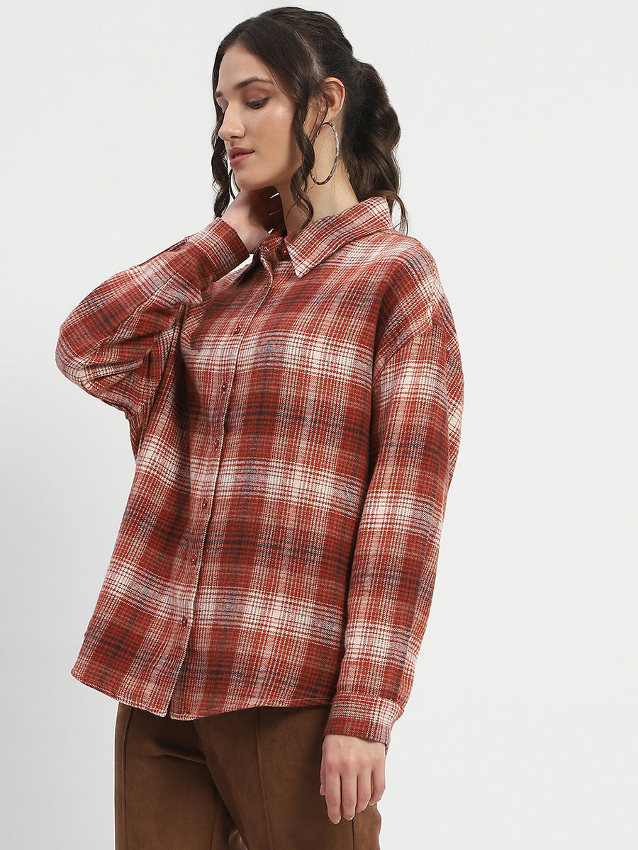 Madame Chequered Long Sleeved Cotton Brown Shirt