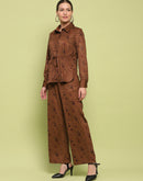 Madame Suede Belted Drawstring Top And Bottom Printed Brown Ensemble