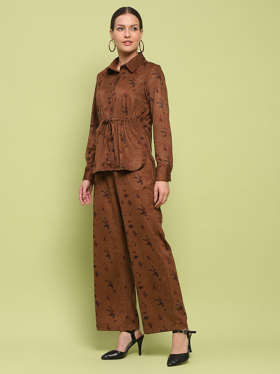 Madame Suede Belted Drawstring Top And Bottom Printed Brown Ensemble