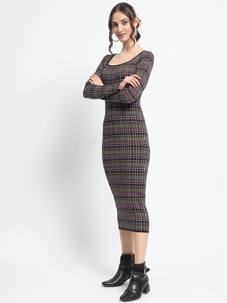 Madame Plaid Print Bodycon Multicolor Midi Dress