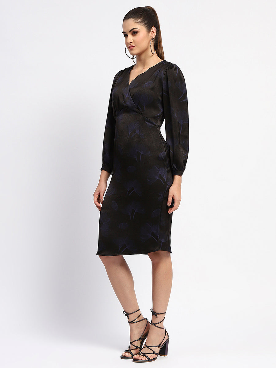 Madame Abstract Print Surplice Neck Black Midi Dress