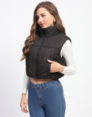 Madame High Neck Sleeveless Black Crop Puffer Jacket