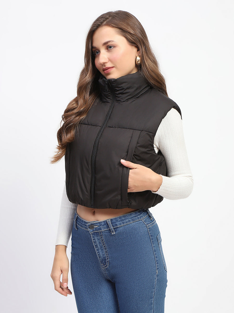 Madame High Neck Sleeveless Black Crop Puffer Jacket