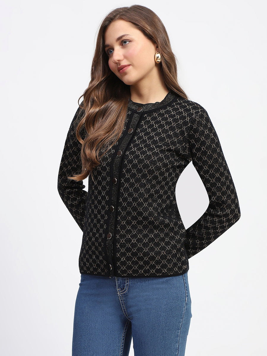 Madame Black Printed Buttoned Cardigan