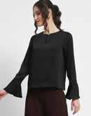 Madame Solid Black Ruffle Sleeve Satin Top