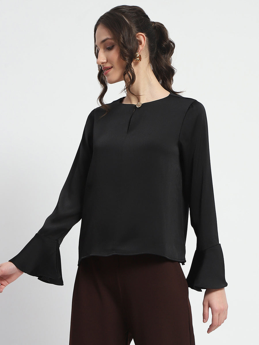 Madame Solid Black Ruffle Sleeve Satin Top