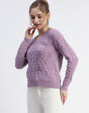 Madame Cable Knit Applique Flower Mauve Sweater